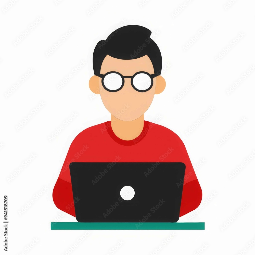 A man is sitting at a desk with a laptop in front of her A man is sitting at a desk with a laptop in front of her