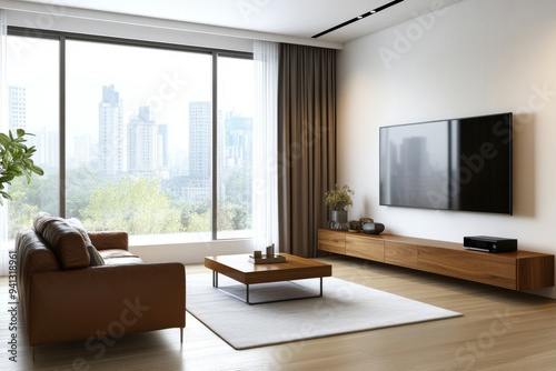 A corner of a white living room is furnished with an armchair, a TV, and a display case