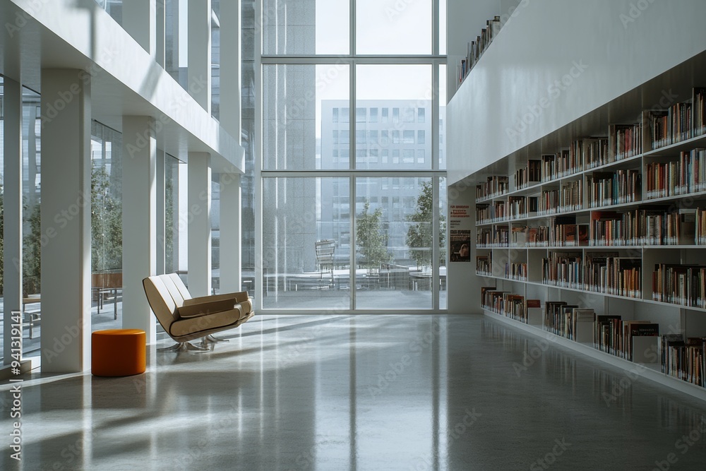 The interior of the luxury library features a bookshelf and a relaxing space with a panoramic window. The interior of the luxury library features a bookshelf and a relaxing space with a panoramic window.