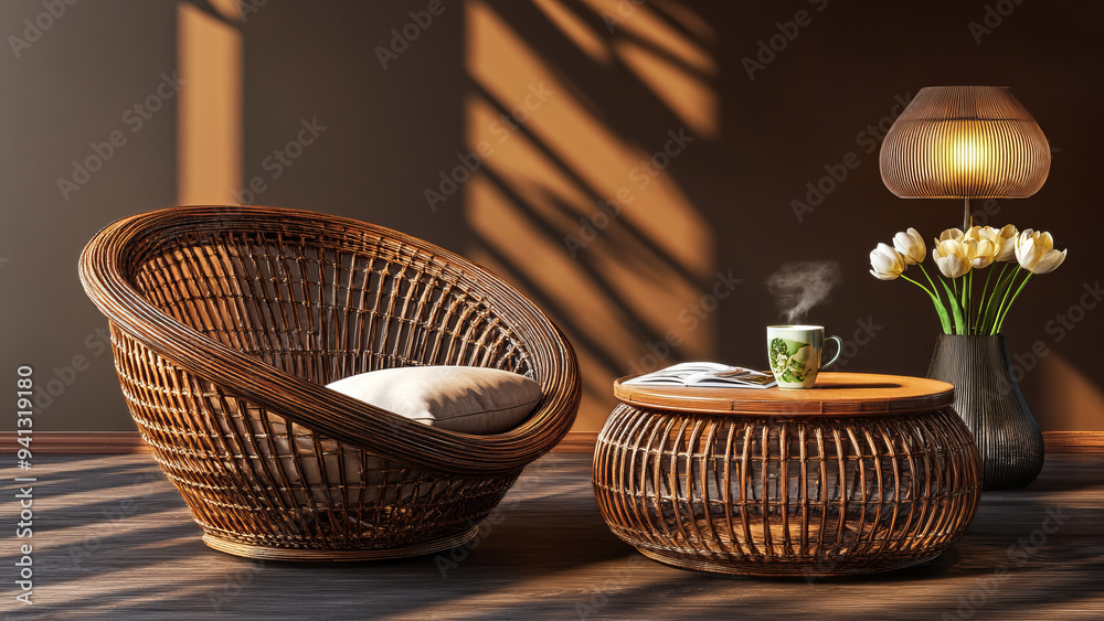 Cozy rattan chair with a steaming cup of coffee and red tulips on a wooden table Cozy rattan chair with a steaming cup of coffee and red tulips on a wooden table