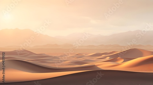 Desert sand dunes panorama at sunset. 3d render