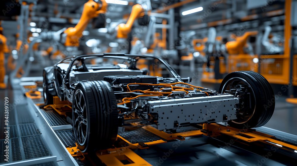 Fototapeta premium Photorealistic A highly detailed view of an electric vehicle chassis on a factory floor, with visible wiring, battery packs, and suspension systems. The factory is well-lit