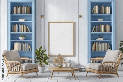 Mockup frame for a classically styled relax room interior with couch and shelf photo