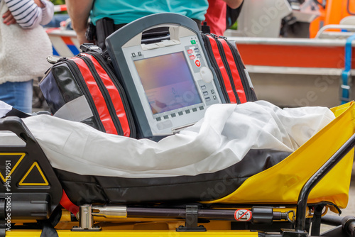 Ambulance Automated external defibrillator on a medical stretcher from the Netherlands