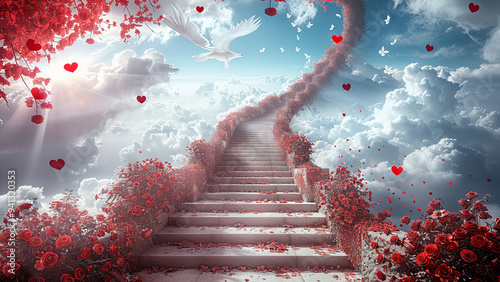 Fototapeta Naklejka Na Ścianę i Meble -  Staircase to heaven adorned with red roses and floating hearts leading to the clouds