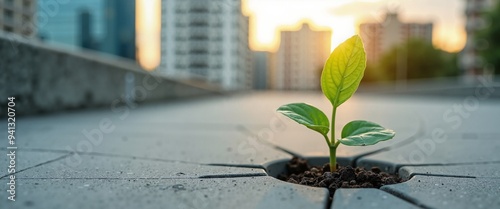 Resilient plant sprouting hopefully through concrete against urban skyline with copy space photo