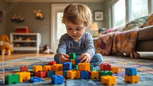 A child building a tower of blocks in the living room, carefully placing each piece in search of a new challenge.