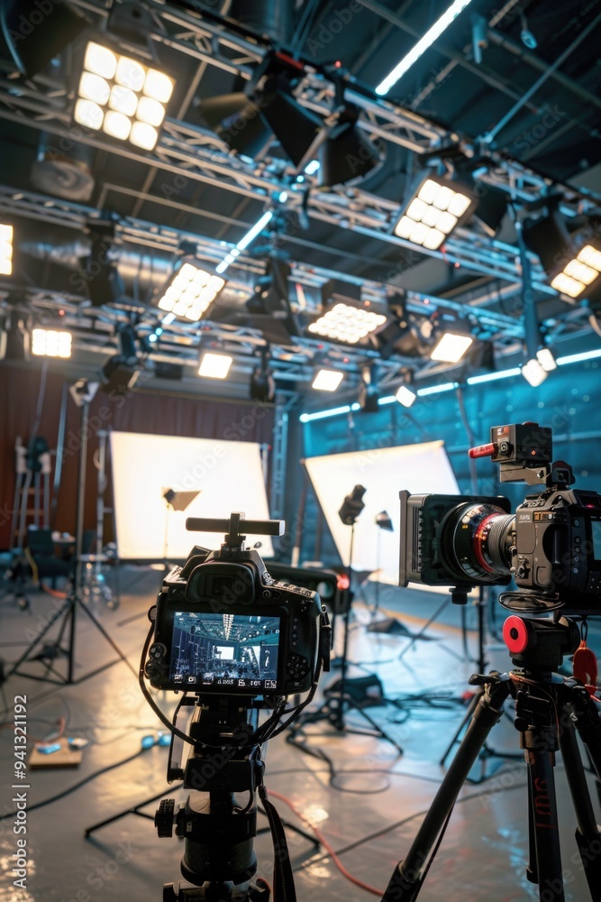 Photography equipment set up on a table with a camera and tripod, suitable for use in studios or offices Photography equipment set up on a table with a camera and tripod, suitable for use in studios or offices