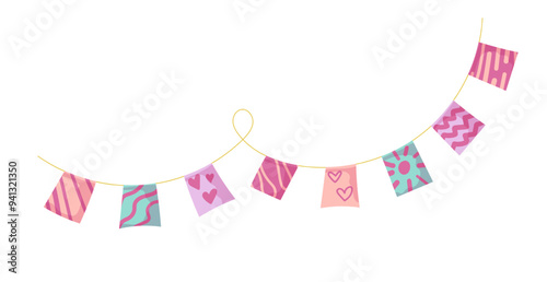 Bunting garland doodle. Doodle birthday garland of flags. Festival or Christmas party bunting border decoration.
