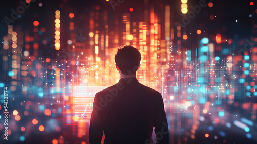 Back view of young businessman managing abstract business chart hologram. Technology, innovation and analytics concept. 3D Rendering