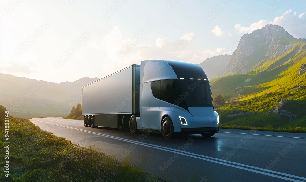 Futuristic Electric Semi-Truck with a blank side view, showcasing a placeholder advertisement space Futuristic Electric Semi-Truck with a blank side view, showcasing a placeholder advertisement space
