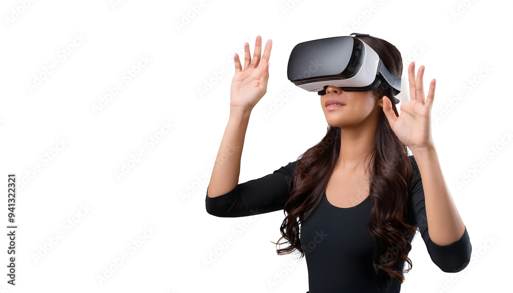 Portrait of American woman using virtual reality headset, isolated on white background Portrait of American woman using virtual reality headset, isolated on white background
