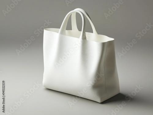 Minimalist design concept. White tote bag on light gray background.