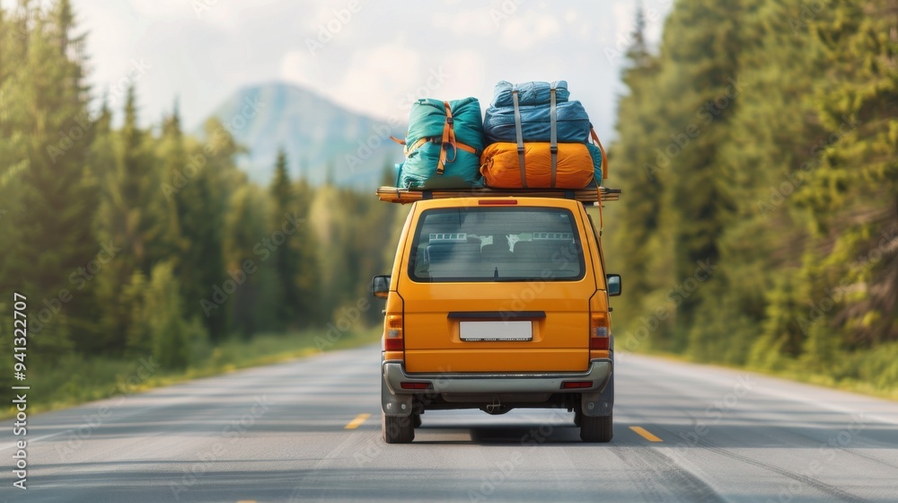 Obraz premium Van packed for road trip driving through forest