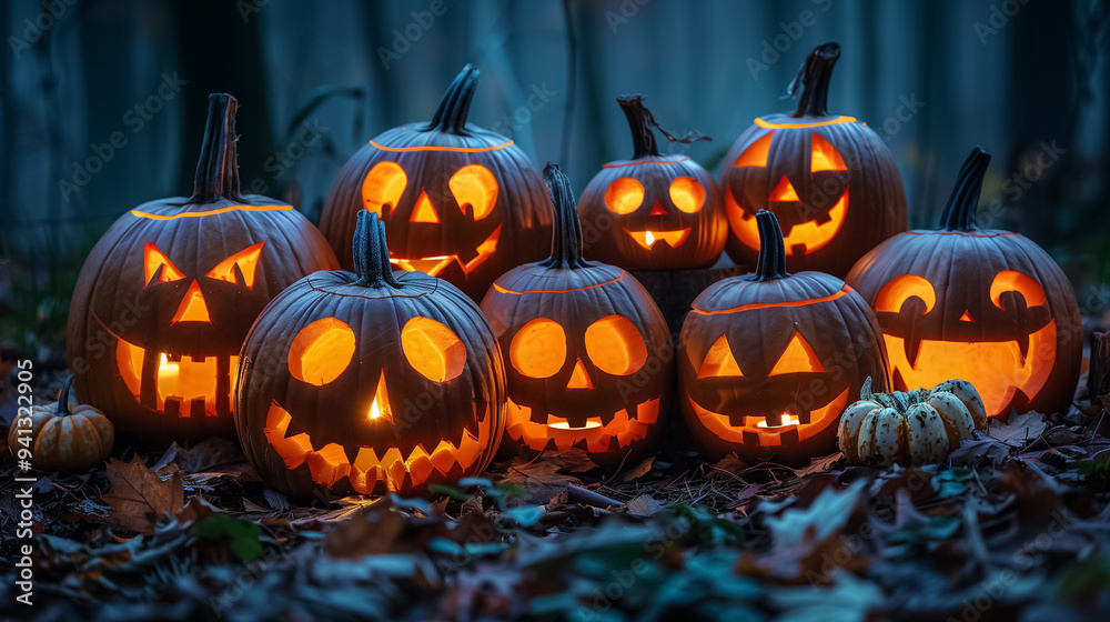 Nighttime Forest Halloween Background with Carved Pumpkins Nighttime Forest Halloween Background with Carved Pumpkins