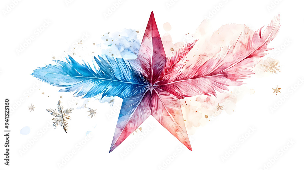 Obraz premium A vibrant feather starburst design in pastel hues, featuring a central glittering star, ideal for festive decorations or creative art projects.