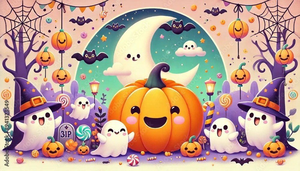Obraz premium A cute and playful Halloween illustration featuring a cheerful pumpkin with a smiley face, small friendly ghosts, and playful bats flying around.