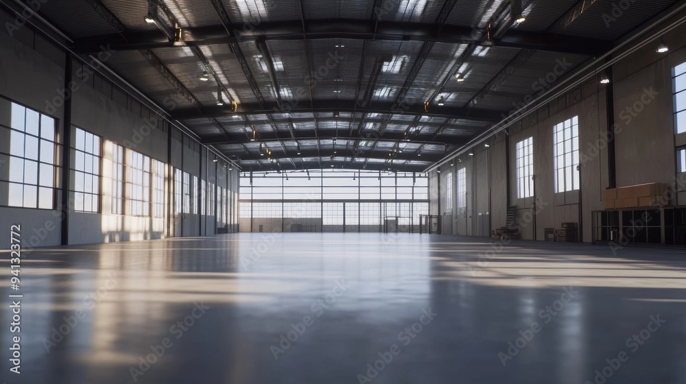 A contemporary design industrial interior with metal pillars and blank white walls. Light. A contemporary design industrial interior with metal pillars and blank white walls. Light.