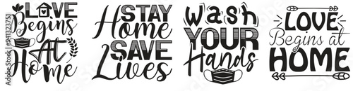 Classic Stay Home Invitation, Inscriptions Pack Vector Illustration for Brochure, Sticker, Presentation