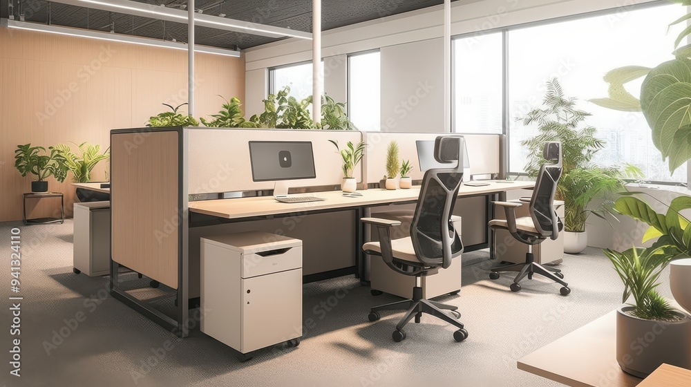 Modern office workspace with greenery and natural light Modern office workspace with greenery and natural light