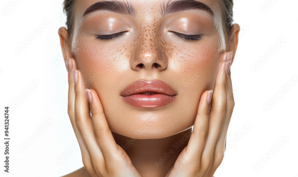 woman has a radiant and flawless complexion, with smooth, glowing skin and a peaceful, relaxed expression as she gently massages her cheeks and jawline with her fingertips. woman has a radiant and flawless complexion, with smooth, glowing skin and a peaceful, relaxed expression as she gently massages her cheeks and jawline with her fingertips.
