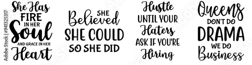 Colourful Black Girl Typographic Emblems, Calligraphic Lettering Bundle Vector Illustration for Postcard, Advertisement, Greeting Card