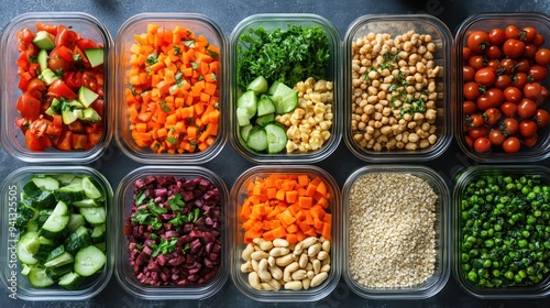 A creative meal prep station featuring an array of fresh vegetables, grains, and nuts for a week of vegan meals.