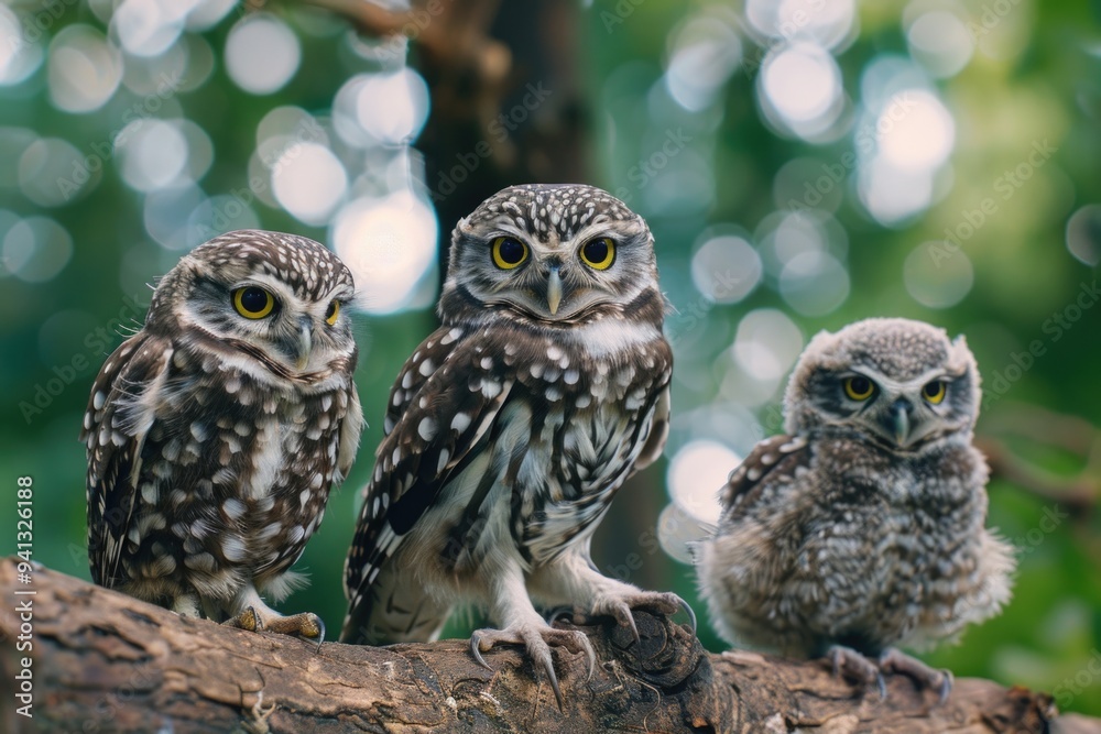 Three small owls resting on a tree limb, nature scene Three small owls resting on a tree limb, nature scene