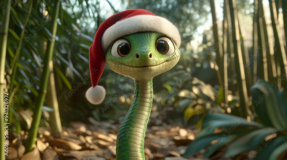 Fototapeta premium This background features a snake wearing a Santa Claus hat in bamboo thickets, a symbol for 2025.