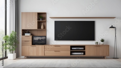 Modern Living Room Interior with Wooden Entertainment Center and Flat Screen TV