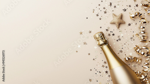 Celebration background with champagne bottle, confetti and party streamers, Christmas, birthday or wedding, New Year, end of year photo