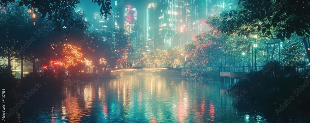 A serene, neon-lit cityscape reflecting in a tranquil water body, surrounded by lush greenery and vibrant foliage. A serene, neon-lit cityscape reflecting in a tranquil water body, surrounded by lush greenery and vibrant foliage.