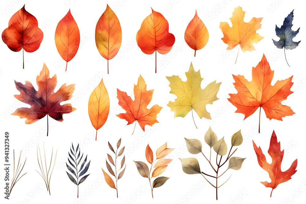 Fototapeta premium Watercolor autumn yellow leaves and plants collection isolated on white background