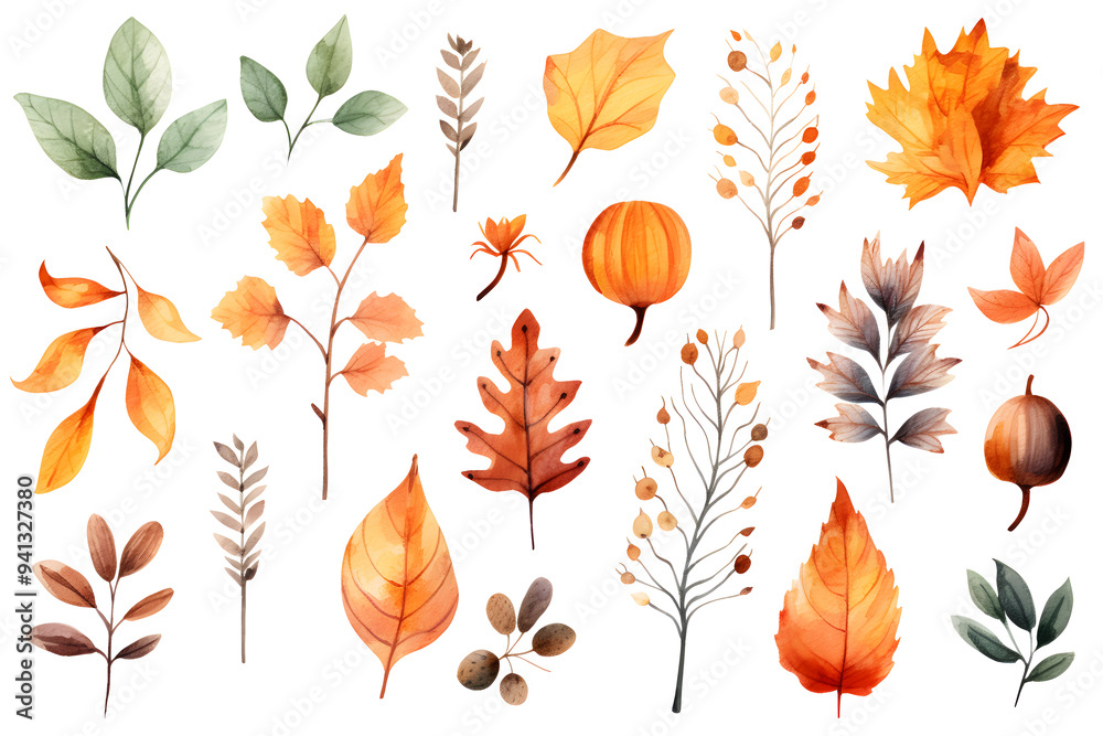 Fototapeta premium Watercolor autumn yellow leaves and plants collection isolated on white background