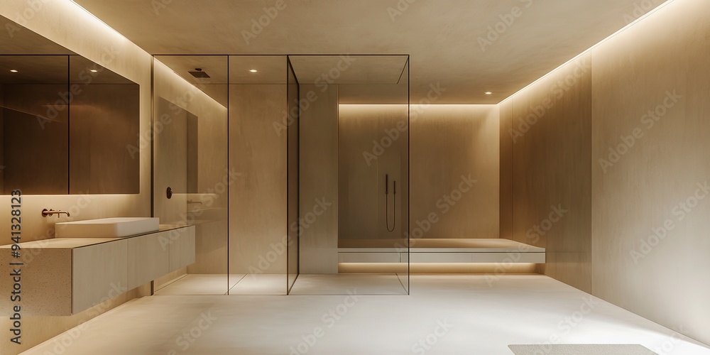Modern minimalist bathroom with light beige concrete floor, built-in cabinetry, frameless glass shower, recessed ceiling lights. Modern minimalist bathroom concrete floor
