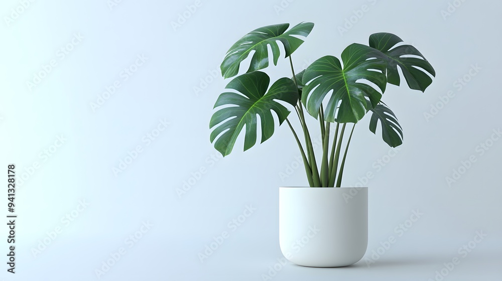 A monstera plant in a simple white pot and white vase, placed on a table, showcasing a clean and minimalist home decor style....... A monstera plant in a simple white pot and white vase, placed on a table, showcasing a clean and minimalist home decor style.......
