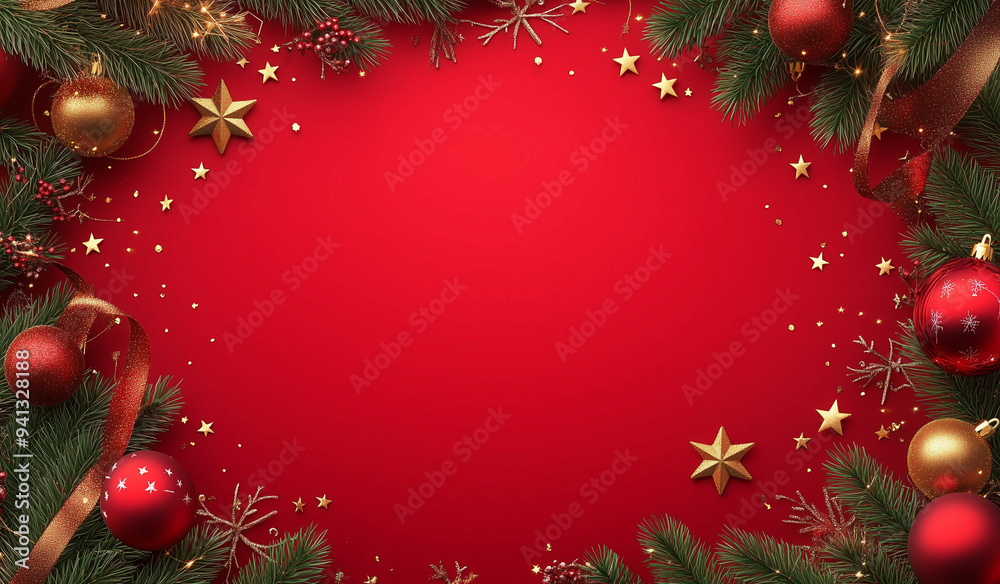 Red background postcard for New Year and Christmas with festive decorations: Christmas tree branches, toys, golden ribbons Red background postcard for New Year and Christmas with festive decorations: Christmas tree branches, toys, golden ribbons