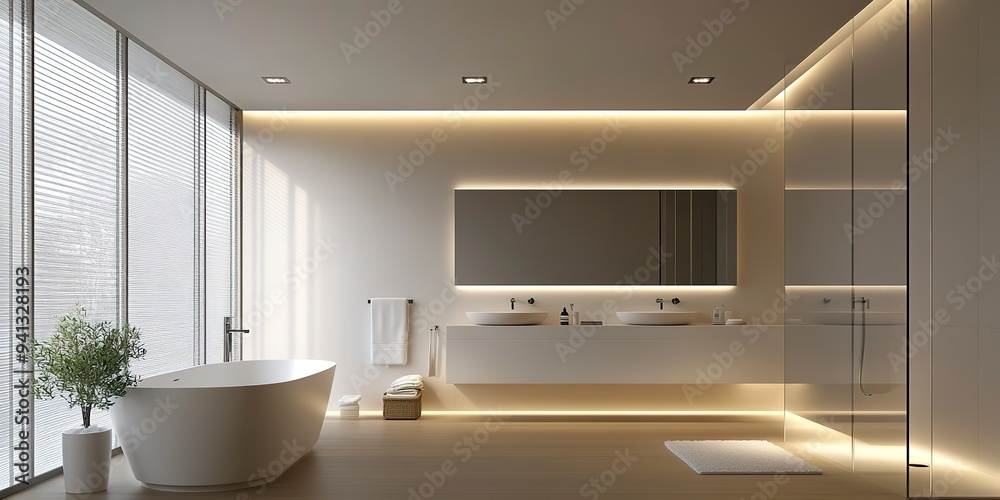 A minimalist bathroom with halogen recessed lighting, providing bright and clear illumination for the sleek, modern fixtures and fittings. A minimalist bathroom with halogen recessed lighting, providing bright and clear illumination for the sleek, modern fixtures and fittings.