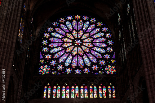 Fotografie stained glass rosette at gothic Saint Denis Basilica in Paris, France