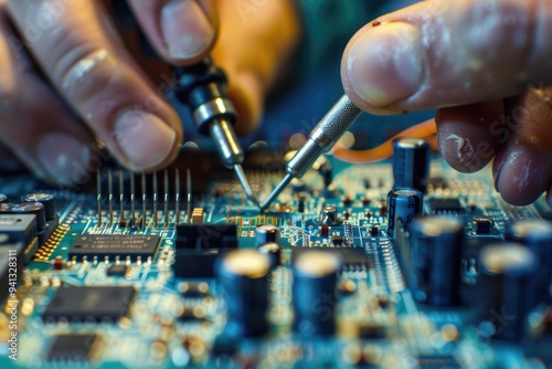 A person works on a circuit board, focusing on the electronics photo