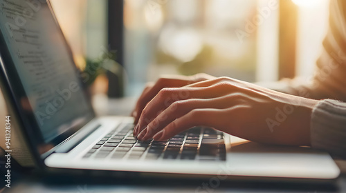 Focused Hands Typing on Laptop in Sunlit Office Workspace