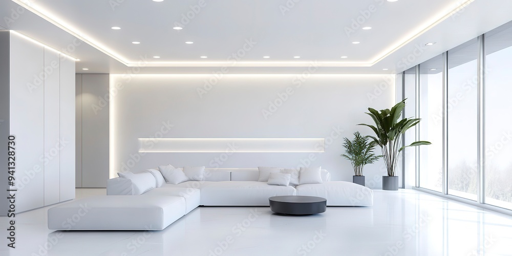 minimalist family room with recessed lighting featuring white walls, ceiling, and floor, adorned minimalist family room with recessed lighting featuring white walls, ceiling, and floor, adorned