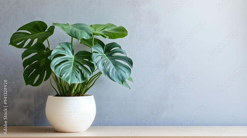 A monstera plant in a simple white pot and white vase, placed on a table, showcasing a clean and minimalist home decor style.......