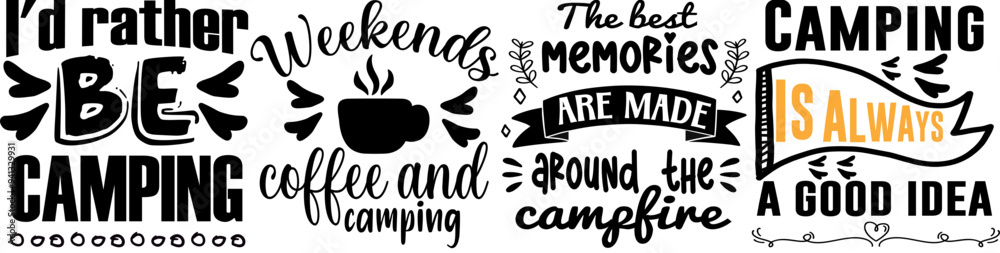 Obraz premium Elegant Camping Hand Lettering, Typography Pack Vector Illustration for Gift Card, Postcard, Printable