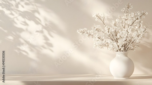 White flowers in a white vase on a table, set against pastel beige walls, creating an elegant and minimalist home decor look.......