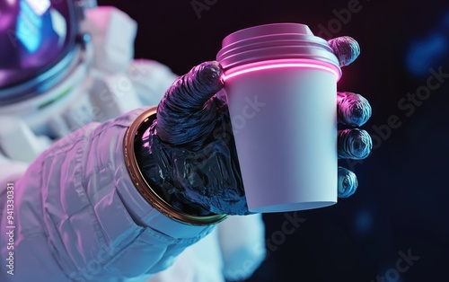 3D cartoon rendering featuring an astronaut s arm in a studio shot grasping a plastic coffee cup photo