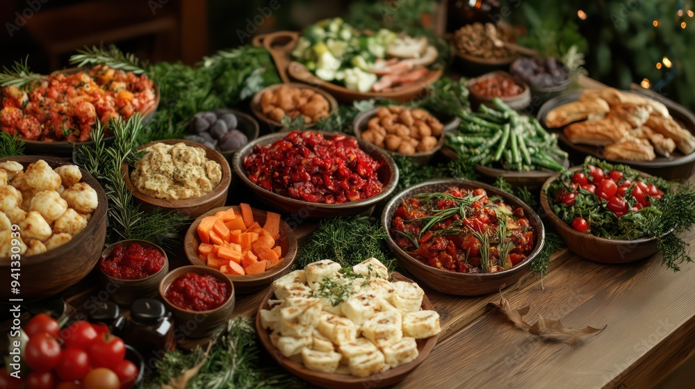 Fototapeta premium Elegant Vegan Holiday Dinner Table It's full of rich, flavorful plant-based foods.