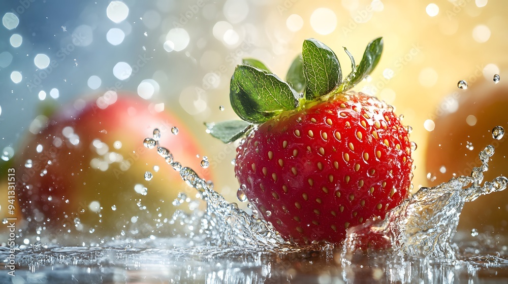 photograph of a single, juicy, shiny strawberry with green leaves and a vibrant strawberry in the foreground, surrounded by splashes of water. The apple photograph of a single, juicy, shiny strawberry with green leaves and a vibrant strawberry in the foreground, surrounded by splashes of water. The apple