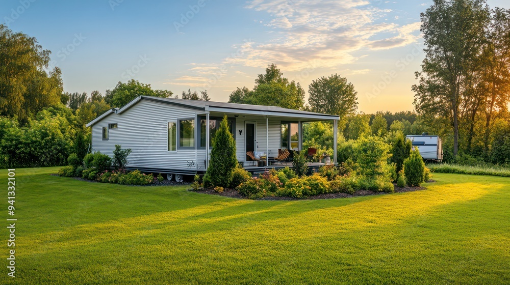 A manufactured home in a serene rural setting with lush greenery, showcasing a comprehensive insurance policy coverage. A manufactured home in a serene rural setting with lush greenery, showcasing a comprehensive insurance policy coverage.