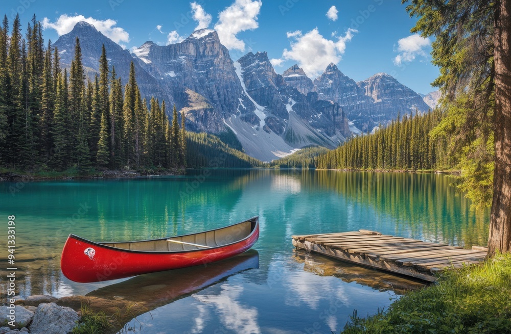 Serene Mountain Lake with Snow-Capped Peaks and a Red Canoe Serene Mountain Lake with Snow-Capped Peaks and a Red Canoe